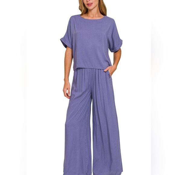 Zenana  T-Shirt and Wide Leg Pants Set Women's Pink Wide-Leg Pants - Picture 1 of 7